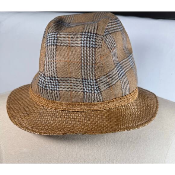 Vintage Borsalino Plaid Tweed Fedora Hat w/Straw Brim size S/M - Picture 4 of 12